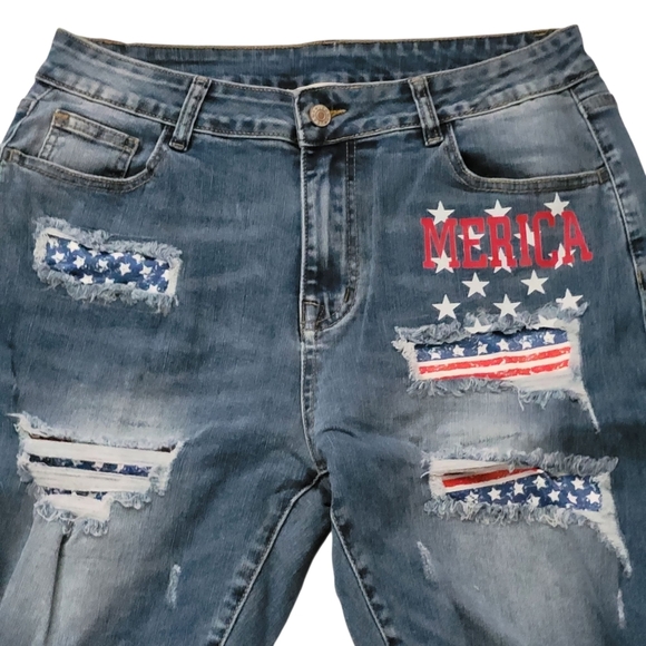 Light Blue Distressed Denim Bermuda Shorts Patriotic - Picture 7 of 10